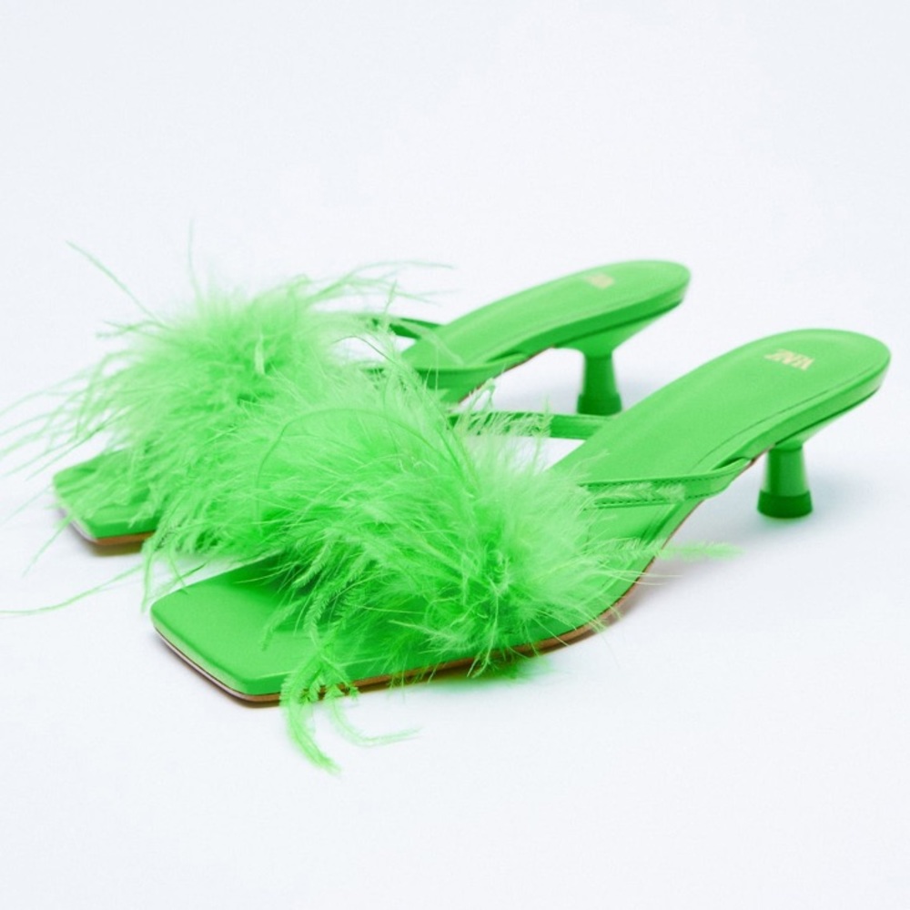 NWT Zara Feather Kitten Heels In Green